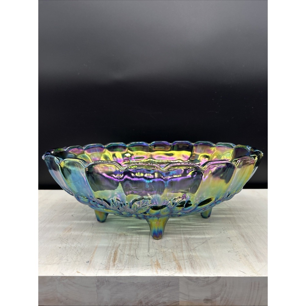 VNTG Iridescent Carnival Glass Oval Footed Bowl Indiana Glass Harvest Grapes 🍇